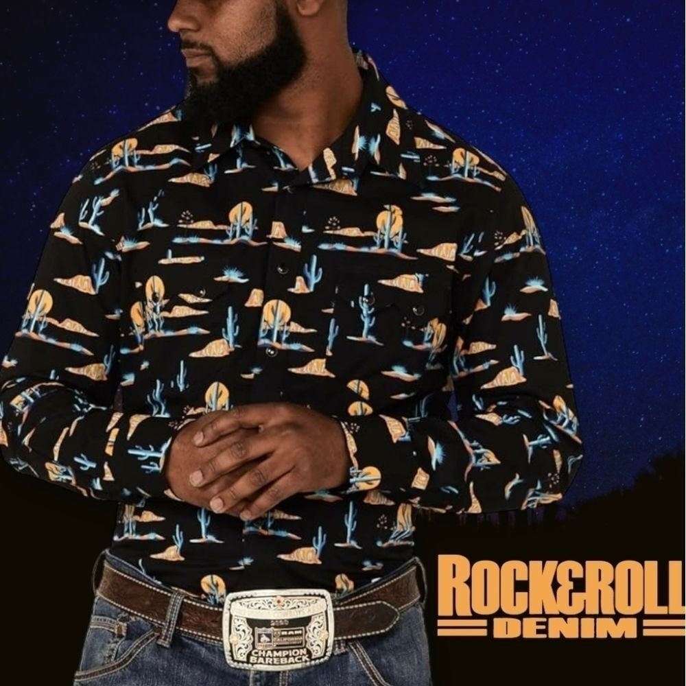 Rock & Roll Denim Mens Cactus Desert Print Western Pearl Snap Shirt Black‎ Large